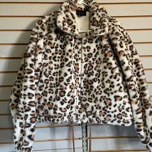 Know One Cares Leopard Print Faux Fur Bomber Jacket‎ Womens Large L